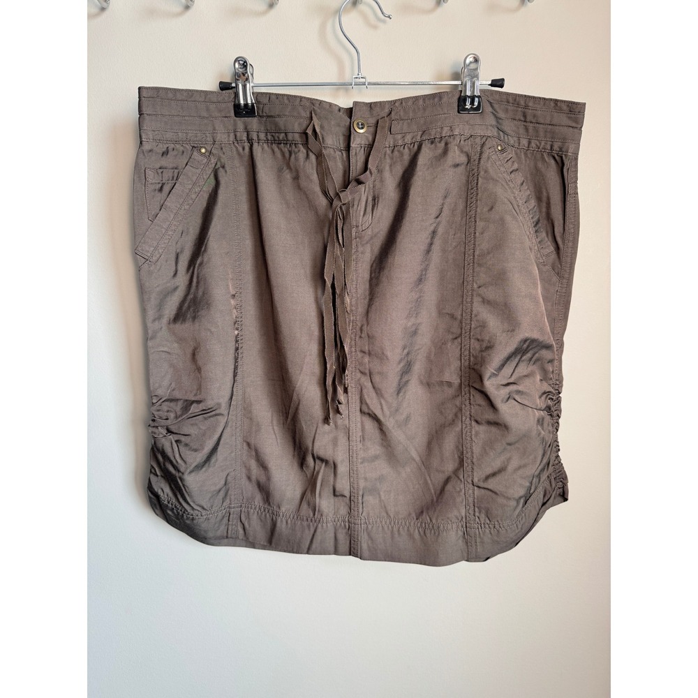Ispiri Utility Cargo Mini Skirt Ruched Sides Brown Rayon Cotton Womens Size 14